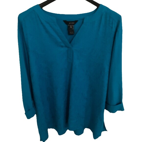 ali miles Top Blouse XL Blue Tunic Linen Blend Raised Paisley Print Roll Tab - Picture 1 of 6